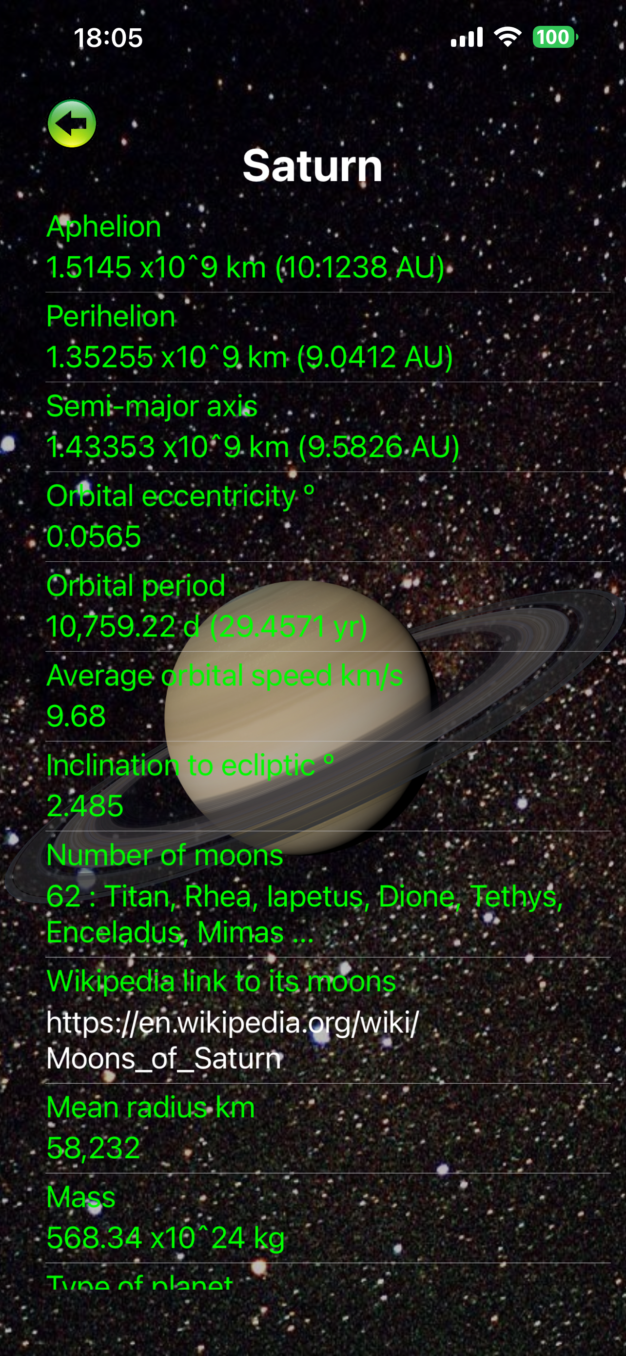 Planet information and present position screen