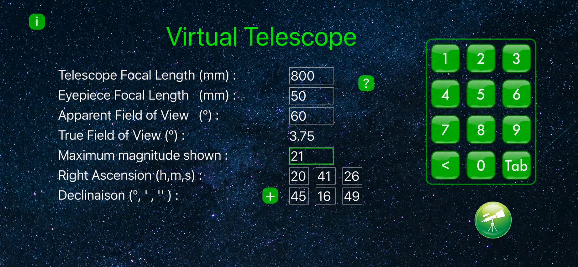 Virtual Telescope star field view centered on Deneb